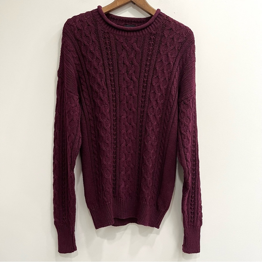 Vintage Y2K Structure Rolled Neck Cable Knit  Fisherman Sweater Maroon Men’s M